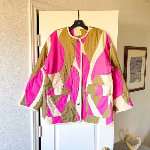 Sézane Farel Quilted Jacket Hera Print Pink Olive US 6 EUC - Picture 2 of 9